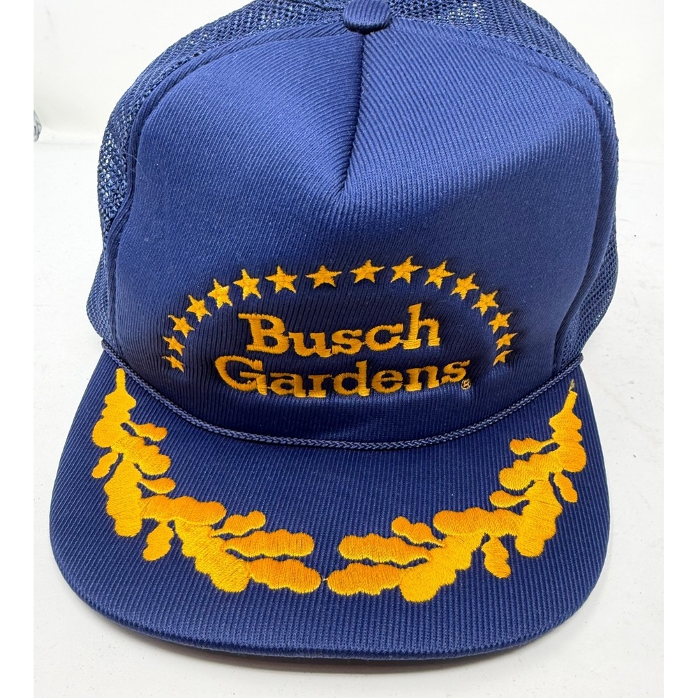 Vtg Busch Gardens Trucker Hat Blue Mesh Snapback Cap Rope Bill Embroidered